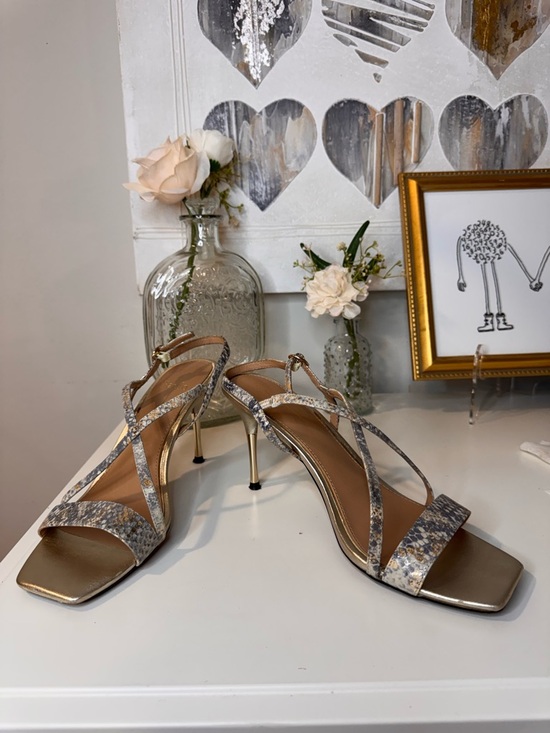 Paolo Shoes - Paolo Gold-Tone Stiletto Sandals with Metallic Snake-Print Straps